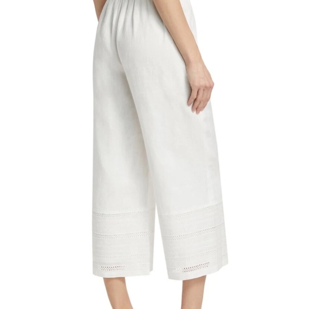 Elie Tahari Womens Linen Eyelet Embroidered Adelle Wide Leg Croppe Pants White S - Picture 3 of 5